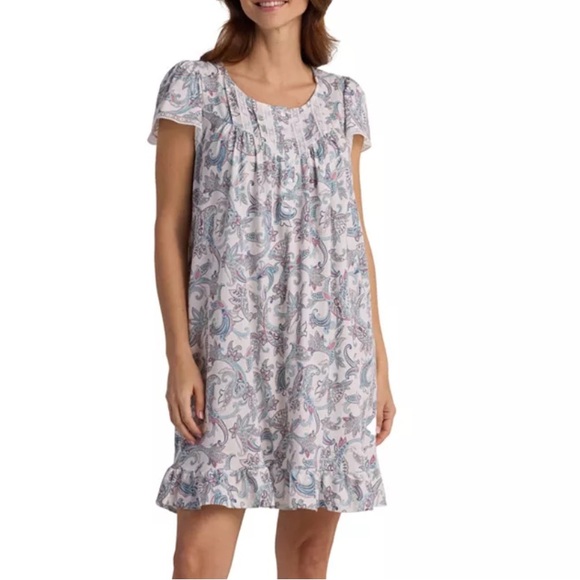 Miss Elaine Blue Floral Scrolls CottageCore Short Sleeve Spring Nightgown Size L - Picture 2 of 5